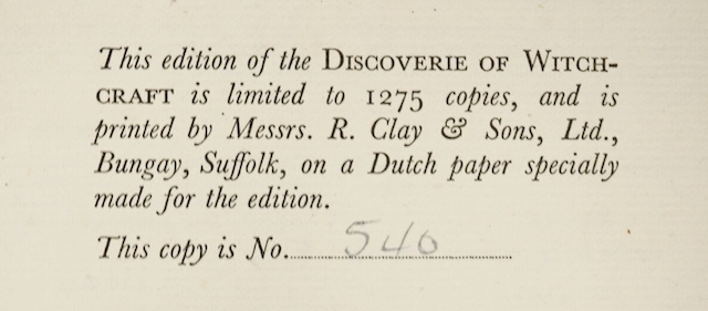 Witchcraft - Scot, Reginald - The Discoveries of Witchcraft, introduction by Rev. Montague Summers, one of 1250, illustrated, original morocco-backed cloth, t.e.g., others uncut, John Rodker, 1930